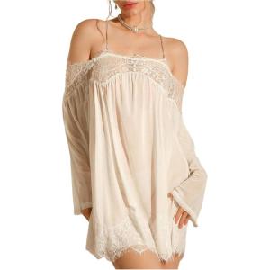 image:imageMakeMeChic Womens Lace Trim Sheer Lingerie Dress Chain Strap Long Sleeve Slip Mini NightgownWhite