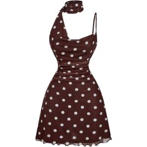 image:imageMakeMeChic Womens Polka Dots Halter Mini Dress Y2k Mesh Spaghetti Strap Party Going Out Dresses with ScarfBrown