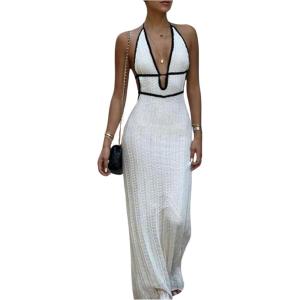 image:imageMakeMeChic Womens Summer Halter Maxi Dress Sleeveless Backless Cut Out Knitted Long DressesWhite
