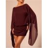 image:imageMakeMeChic Womens Boat Neck Cape Sleeve Mini Dress Ruched Bodycon Elegant Short DressesBrown