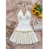 image:imageMakeMeChic Womens Halter Sweater Dress Tie Open Back Sleeveless Ruffle Y2k Knitted Mini DressesBeige