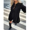 image:imageMakeMeChic Womens Lantern Sleeve Mini Dress Tie Front Pleated Smock Short DressesBlack
