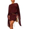 image:imageMakeMeChic Womens Boat Neck Cape Sleeve Mini Dress Ruched Bodycon Elegant Short DressesBrown
