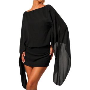 image:imageMakeMeChic Womens Boat Neck Cape Sleeve Mini Dress Ruched Bodycon Elegant Short DressesBlack