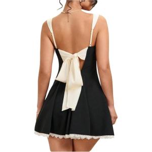 image:imageMakeMeChic Womens Color Block A Line Mini Dress Lace Trim Tie Open Back Y2K Summer Tank DressesBlack and White