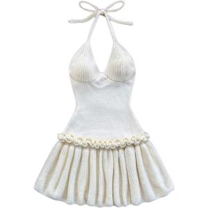 image:imageMakeMeChic Womens Halter Sweater Dress Tie Open Back Sleeveless Ruffle Y2k Knitted Mini DressesBeige