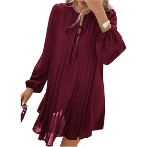 image:imageMakeMeChic Womens Lantern Sleeve Mini Dress Tie Front Pleated Smock Short DressesBurgundy
