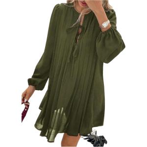image:imageMakeMeChic Womens Lantern Sleeve Mini Dress Tie Front Pleated Smock Short DressesGreen