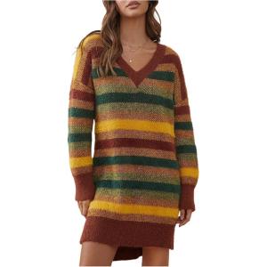 image:imageMakeMeChic Womens Striped V Neck Sweater Dress Long Sleeve Split Knit Short DressesMulticolor