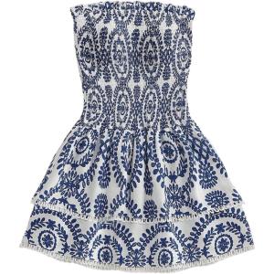 image:imageMakeMeChic Womens Summer Ruffle Dress Strapless Mini Dress Shirred Beach Vacation DressesBlue