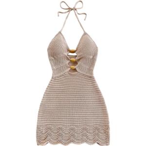 image:imageMakeMeChic Womens Bathing Suit Beach Cover Ups Knit Cut Out Halter Mini DressApricot