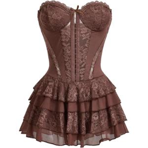 image:imageMakeMeChic Womens Lace Mini Dress Tube Corset Ruffle Tiered NYE Party Cocktail Night Out DressesCoffee Brown