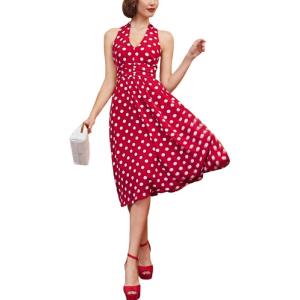 image:imageMakeMeChic Womens Polka Dots Dress HalterTie Open Back Ruched A Line Midi DressesRed