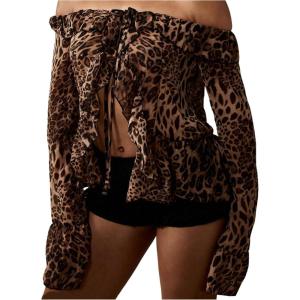 image:imageMakeMeChic Womens Cheetah Off The Shoulder Blouse Chiffon Bell Sleeve Ruffle Split Y2k TopsMulticolor
