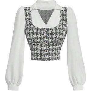 image:imageMakeMeChic Womens Houndstooth Blouse Long Lantern Sleeve Botton Down Workwear Shirts Top 2025Multicolor