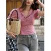 image:imageMAKEMECHIC Womens Gingham Plaid Button Down Shirt Tie Back Short Sleeve Blouse Vintage TopsRed