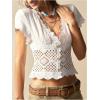 image:imageMakeMeChic Womens Boho Button Down Shirt Lace V Neck Short Sleeve Blouse Summer Crop TopsWhite
