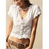 image:imageMakeMeChic Womens Boho Button Down Shirt Lace V Neck Short Sleeve Blouse Summer Crop TopsWhite
