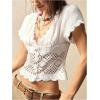 image:imageMakeMeChic Womens Boho Button Down Shirt Lace V Neck Short Sleeve Blouse Summer Crop TopsWhite