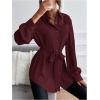 image:imageMakeMeChic Womens Business Casual Belted Button Down Shirt Long Sleeve Collared Blouse TopBurgundy