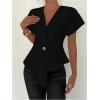 image:imageMakeMeChic Womens Business Floral Metal Button Blouse Short Sleeve V Neck Asymmetrical TopsBlack