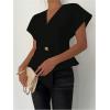 image:imageMakeMeChic Womens Business Floral Metal Button Blouse Short Sleeve V Neck Asymmetrical TopsBlack