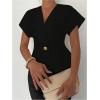 image:imageMakeMeChic Womens Business Floral Metal Button Blouse Short Sleeve V Neck Asymmetrical TopsBlack