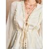 image:imageMakeMeChic Womens Chiffon Blouse Mesh V Neck Tie Front Frill Trim Ruffle Long Sleeve Peplum ShirtApricot