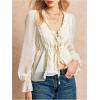 image:imageMakeMeChic Womens Chiffon Blouse Mesh V Neck Tie Front Frill Trim Ruffle Long Sleeve Peplum ShirtApricot