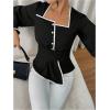 image:imageMakeMeChic Womens Contrast Trim Blouse Elegant Square Neck Long Sleeve Shirt TopBlack