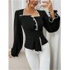 image:imageMakeMeChic Womens Contrast Trim Blouse Elegant Square Neck Long Sleeve Shirt TopBlack