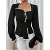 image:imageMakeMeChic Womens Contrast Trim Blouse Elegant Square Neck Long Sleeve Shirt TopBlack
