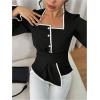image:imageMakeMeChic Womens Contrast Trim Blouse Elegant Square Neck Long Sleeve Shirt TopBlack