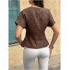 image:imageMakeMeChic Womens Deep V Neck Blouse Metal Button Short Sleeve Work Dressy Shirt TopsBrown