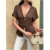 image:imageMakeMeChic Womens Deep V Neck Blouse Metal Button Short Sleeve Work Dressy Shirt TopsBrown