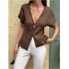 image:imageMakeMeChic Womens Deep V Neck Blouse Metal Button Short Sleeve Work Dressy Shirt TopsBrown