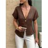 image:imageMakeMeChic Womens Deep V Neck Blouse Metal Button Short Sleeve Work Dressy Shirt TopsBrown