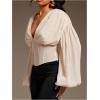 image:imageMakeMeChic Womens Deep V Neck Chiffon Blouse Long Sleeve Elegant Satin Silk Tops Going Out TopsApricot