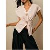 image:imageMakeMeChic Womens Elegant Top with Statement Buttons Tie Waist Dressy Vest Bat Sleeve Pleated BlouseKhaki
