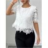 image:imageMakeMeChic Womens Fall Floral Lace Blouse Elegant Short Sleeve Crew Neck Crop TopsWhite