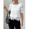 image:imageMakeMeChic Womens Fall Floral Lace Blouse Elegant Short Sleeve Crew Neck Crop TopsWhite