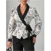 image:imageMakeMeChic Womens Floral Blouse V Neck Wrap Tie Side Long Sleeve Business Dressy TopsBlack and White