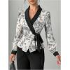 image:imageMakeMeChic Womens Floral Blouse V Neck Wrap Tie Side Long Sleeve Business Dressy TopsBlack and White