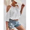image:imageMakeMeChic Womens Floral Lace Cold Shoulder Blouse 34 Sleeve Ruched Summer Boho Halter TopsWhite