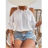 image:imageMakeMeChic Womens Floral Lace Cold Shoulder Blouse 34 Sleeve Ruched Summer Boho Halter TopsWhite