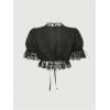 image:imageMakeMeChic Womens Floral Lace V Neck Blouse Crop Tops Puff Sleeve Tie Front Summer ShirtsBlack