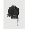 image:imageMakeMeChic Womens Floral Lace V Neck Blouse Crop Tops Puff Sleeve Tie Front Summer ShirtsBlack