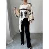image:imageMakeMeChic Womens High Low Asymmetrical Tops Graphic Print Crew Neck Bell Sleeve Blouse Boho ShirtApricot