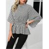 image:imageMakeMeChic Womens Houndstooth Print Blouse Mock Neck Ruffle Bell Sleeve Peplum Shirred Dressy TopsBlack and White