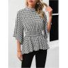 image:imageMakeMeChic Womens Houndstooth Print Blouse Mock Neck Ruffle Bell Sleeve Peplum Shirred Dressy TopsBlack and White